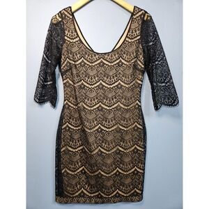 Guess Black Gold Lace Bodycon Dress Size 10 Scoop Neck 3/4 Sleeve Cocktail Party